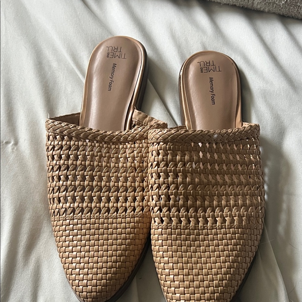 Tan Woven Mules by Time and Tru